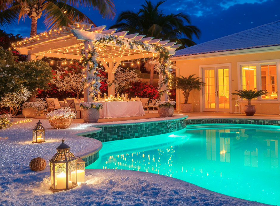 Outdoor poolside snow scene
